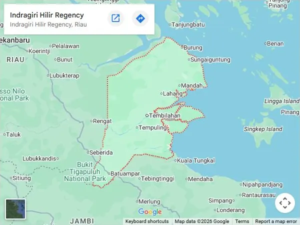 Google Maps preview of Indragiri Hilir, Riau, with the regency boundary outlined